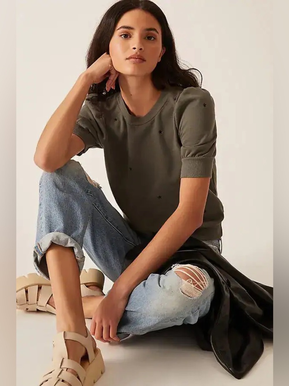 Anthropologie T. La Puff Sleeve Pullover Embroidered Star Short Sleeve fleece XS
